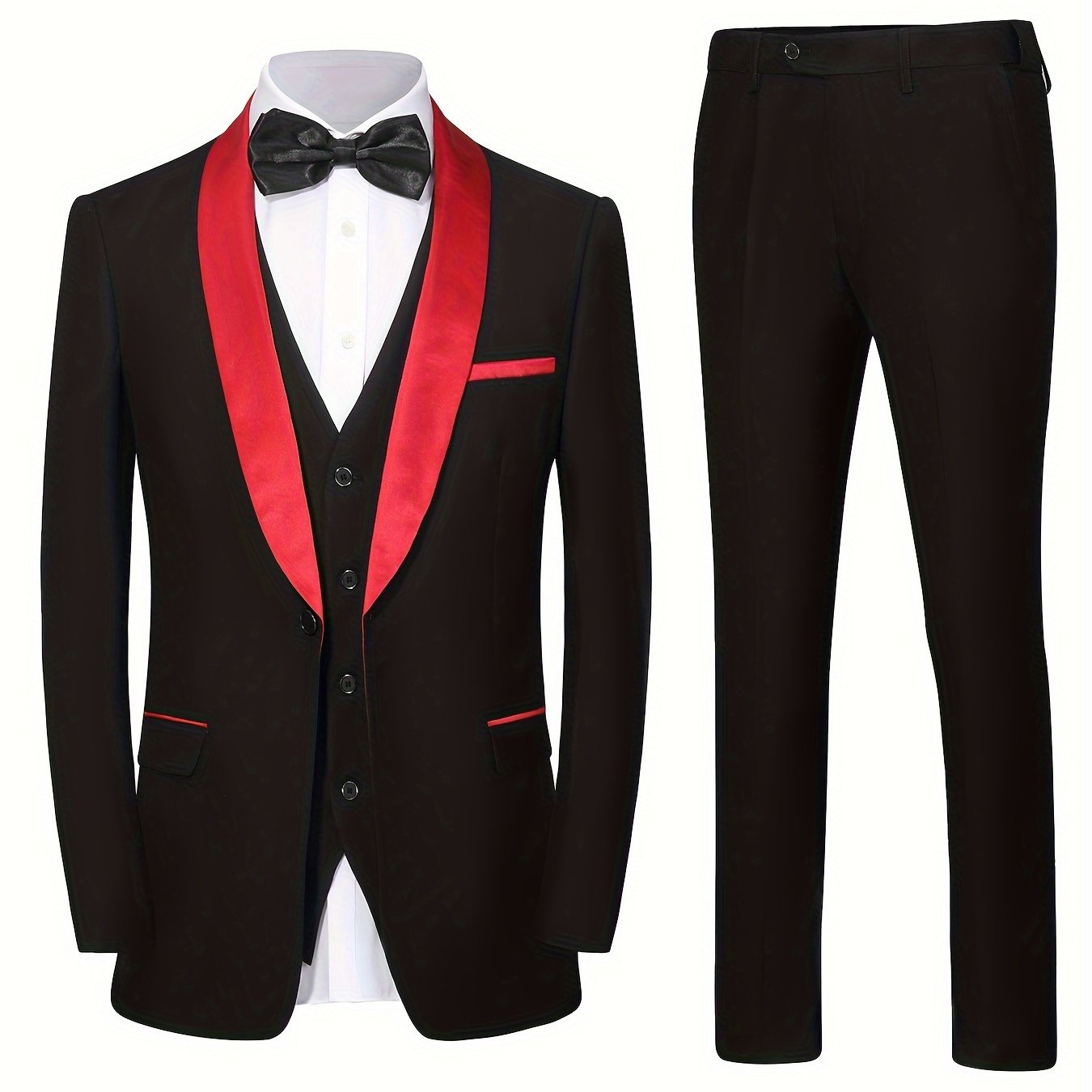 Men's 3pcs Set Of Formal Wear, Shawl Lapel Collar Buttoned Blazer, Tuxedo Waistcoat And Dress Pants, Elegant And Smart Set For Banquet, Prom And Party Wear