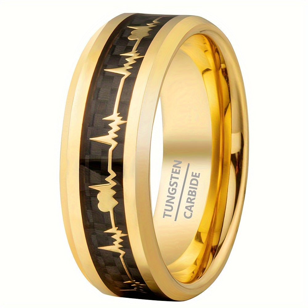 New Tungsten Steel Ring, Black Ring With Pattern Of Golden ECG, Couple Ring, High-Quality Black Tungsten Ring For Men, Fashion Engagement Wedding Band