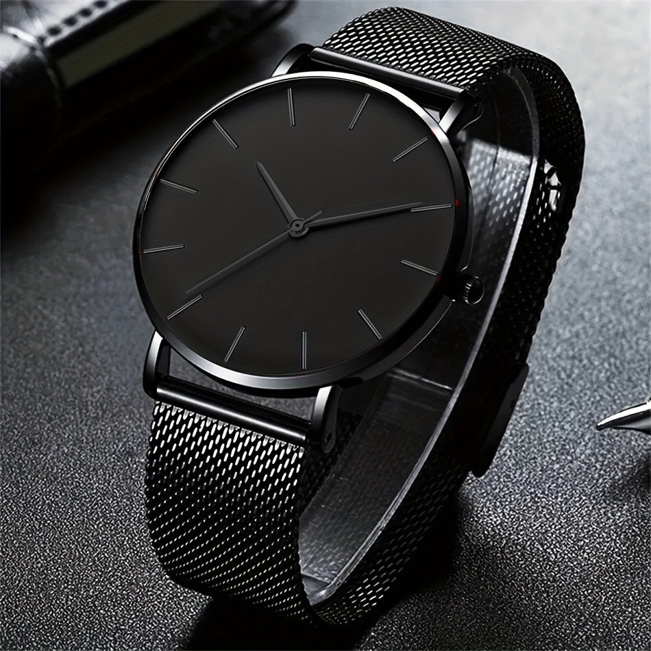3pcs/set Fashion Men's Business Bracelet, Necklace, Watch, Simple Men Black Stainless Steel Mesh Belt Quartz Watch