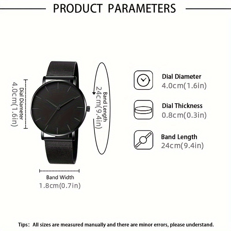 3pcs/set Fashion Men's Business Bracelet, Necklace, Watch, Simple Men Black Stainless Steel Mesh Belt Quartz Watch