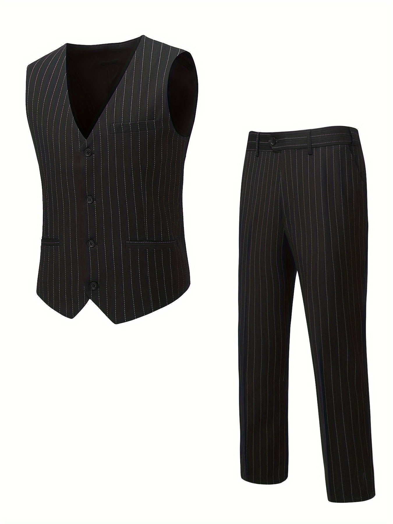 2 Pieces Formal Suit Set - Stylish Striped Pattern, Classic Single Breasted Design, Includes Vest and Dress Pants - Perfect for Business, Dinner, Wedding Party, Exclusively for Men