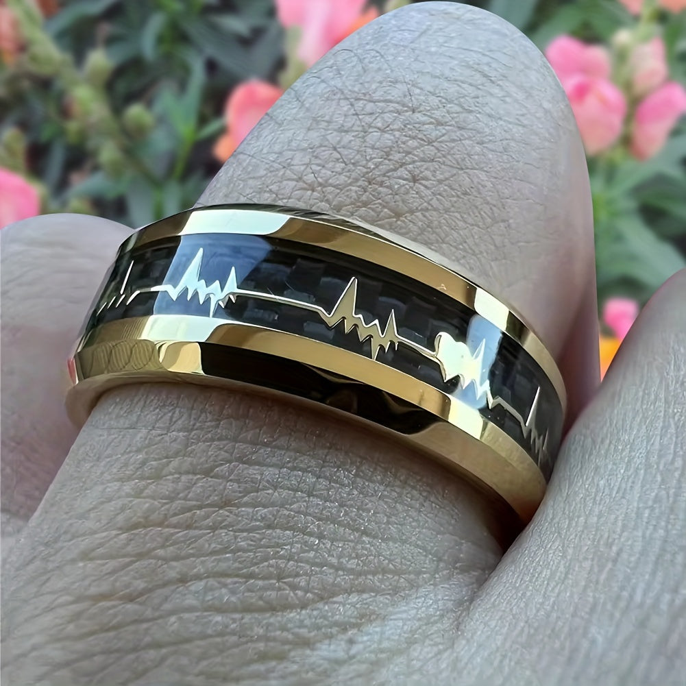 New Tungsten Steel Ring, Black Ring With Pattern Of Golden ECG, Couple Ring, High-Quality Black Tungsten Ring For Men, Fashion Engagement Wedding Band
