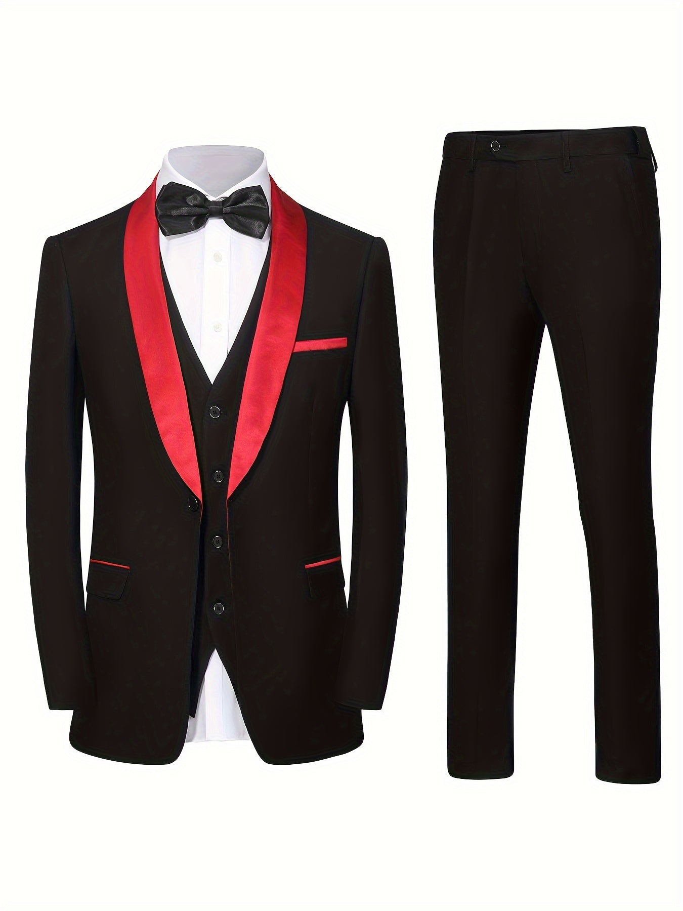Men's 3pcs Set Of Formal Wear, Shawl Lapel Collar Buttoned Blazer, Tuxedo Waistcoat And Dress Pants, Elegant And Smart Set For Banquet, Prom And Party Wear