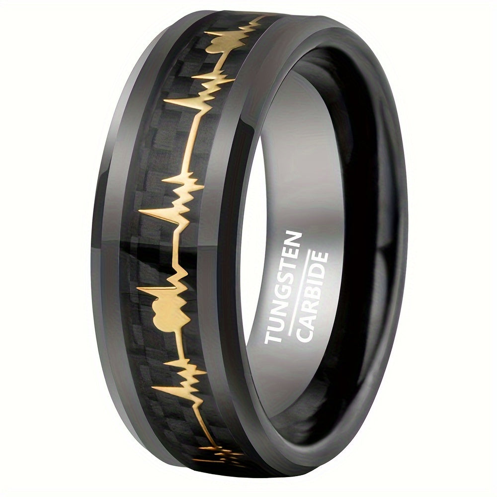 New Tungsten Steel Ring, Black Ring With Pattern Of Golden ECG, Couple Ring, High-Quality Black Tungsten Ring For Men, Fashion Engagement Wedding Band